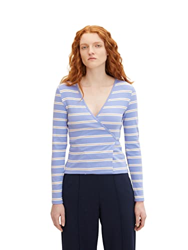 TOM TAILOR Denim Damen T-Shirt in Wickeloptik mit Streifen 1032818, 30226 - Mid Blue Horizontal Stripe, L von TOM TAILOR Denim