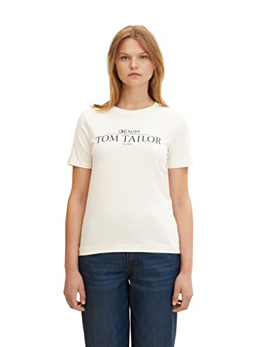 TOM TAILOR Denim Damen T-Shirt mit Logoprint 1033607, 10348 - Gardenia White, L von TOM TAILOR Denim