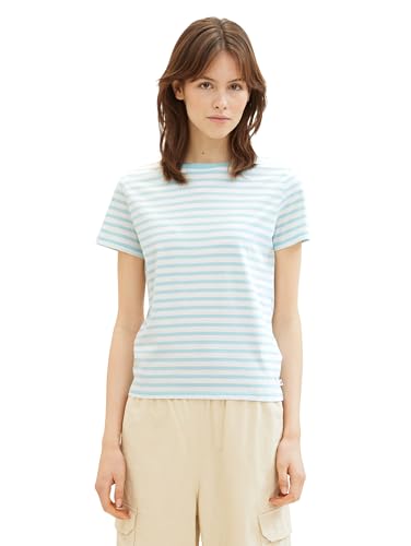 Tom Tailor Denim Damen Boxy Fit T-Shirt mit Streifen aus Bio-Baumwolle, 34676 - White Mint Stripe, L von TOM TAILOR Denim