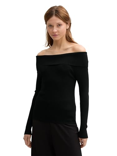 TOM TAILOR Denim Damen Tight RIPP Strickpullover mit Carmen-Ausschnitt, 14482 - Deep Black, M von TOM TAILOR Denim