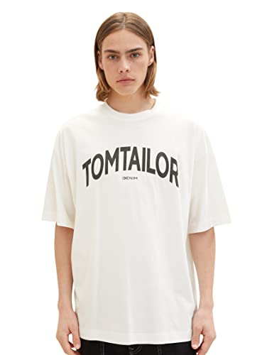 TOM TAILOR Denim Herren 1036472 Oversize T-Shirt mit Logo-Print, 12906-Wool White, S von TOM TAILOR Denim