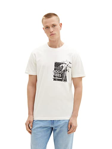 TOM TAILOR Denim Herren 1036478 T-Shirt mit Print, 12906-Wool White, L von TOM TAILOR Denim