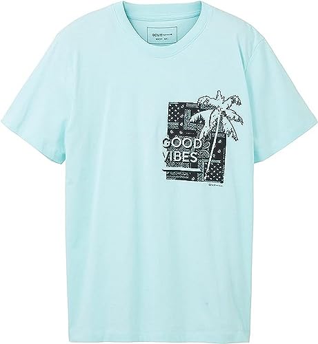 TOM TAILOR Denim Herren 1036478 T-Shirt mit Print, 30655-Soft Light Turquoise, L von TOM TAILOR Denim