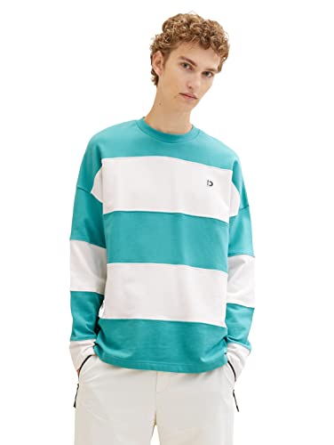 TOM TAILOR Denim Herren 1036756 Oversize College Sweatshirt mit Streifen, 31044-Deep Turquoise, L von TOM TAILOR Denim