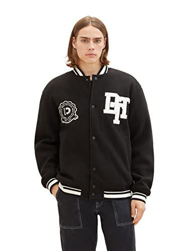 TOM TAILOR Denim Herren 1037489 Relaxed Fit College Bomberjacke mit Logo-Badge aus Frottee, 29999-Black, L von TOM TAILOR Denim