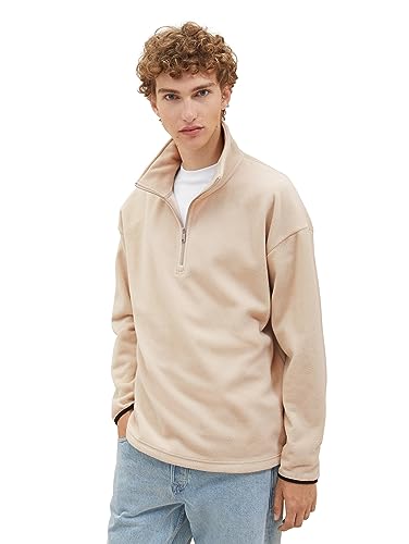 TOM TAILOR Denim Herren 1037619 Relaxed Fit Fleece-Pullover mit Reißverschluss, 11704-silver Ecru, S von TOM TAILOR Denim