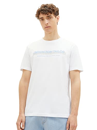 TOM TAILOR Denim Herren Slim Fit T-Shirt mit Logo-Print aus Baumwolle, White, L von TOM TAILOR Denim