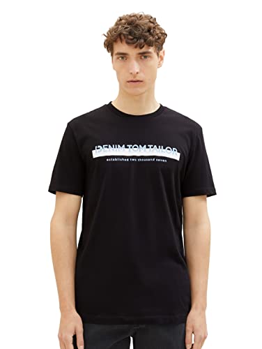 TOM TAILOR Denim Herren Slim Fit T-Shirt mit Logo-Print aus Baumwolle, Black, XL von TOM TAILOR Denim