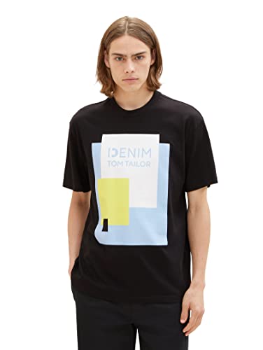 TOM TAILOR Denim Herren 1037657 Relaxed Fit T-Shirt mit Print aus Baumwolle, 29999-Black, L von TOM TAILOR Denim
