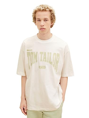 TOM TAILOR Denim Herren 1037667 Oversized T-Shirt mit Logo-Print, 12906-Wool White, S von TOM TAILOR Denim