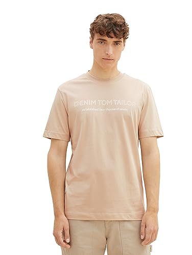 TOM TAILOR Denim Herren 1037683 Basic T-Shirt mit Logo-Print, 11704-silver Ecru, L von TOM TAILOR Denim