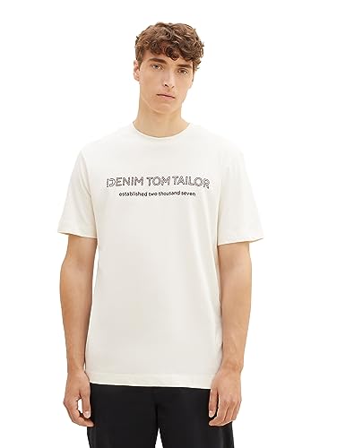 TOM TAILOR Denim Herren 1037683 Basic T-Shirt mit Logo-Print, 12906-Wool White, XL von TOM TAILOR Denim