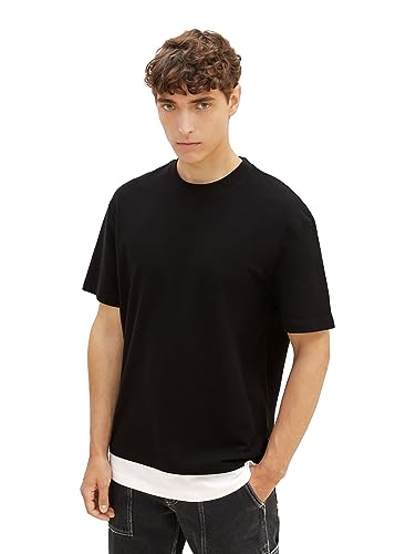 TOM TAILOR Denim Herren 1037686 Relaxed Fit T-Shirt mit 2 in 1 Optik, 29999-Black, S von TOM TAILOR Denim