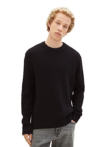 TOM TAILOR Denim Herren 1038268 Crew-Neck Strick-Pullover mit Struktur, 29999-Black, L von TOM TAILOR Denim