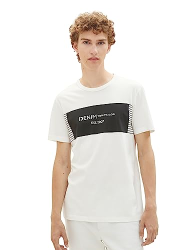 TOM TAILOR Denim Herren 1039419 Basic T-Shirt mit Logo-Print, 12906-Wool White, XXL von TOM TAILOR Denim