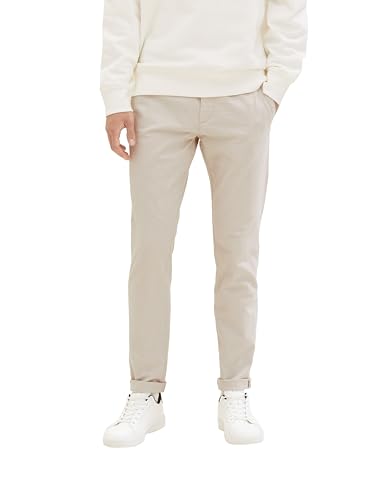 Tom Tailor Denim Herren Slim Fit Chino Hose mit Gürtel, 34734 - Beige Mini Houndstooth, 33/34 von TOM TAILOR Denim