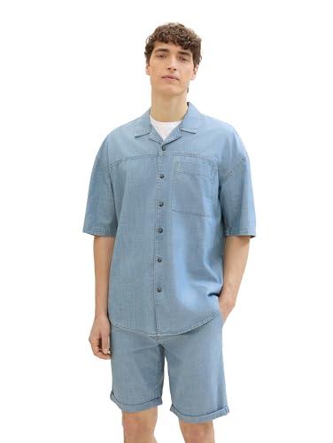 TOM TAILOR Denim Herren 1041389 Oversize Kurzarm Jeanshemd mit Brusttasche, 35629-Light Blue Chambray, M von TOM TAILOR Denim