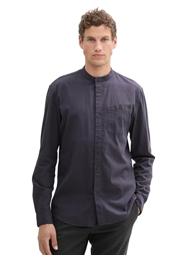 TOM TAILOR Denim Herren 1042539 Slim Fit Dobby Hemd mit Brusttasche, 36057-Navy Herringbone Structure, L von TOM TAILOR Denim