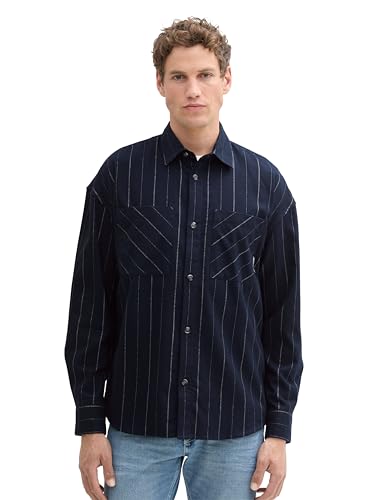TOM TAILOR Denim Herren 1042548 Overshirt Hemd mit Streifen & Brusttaschen, 36073-Navy White Pin Stripe, Small von TOM TAILOR Denim