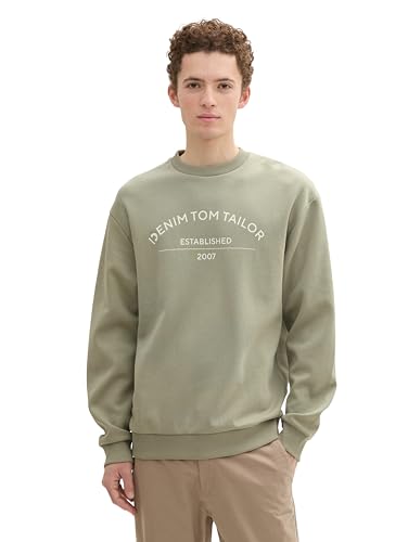 TOM TAILOR Denim Herren 1043296 Basic Crew-Neck Sweater Pullover mit Print, 15615-Prairie Grass Green, XS von TOM TAILOR Denim