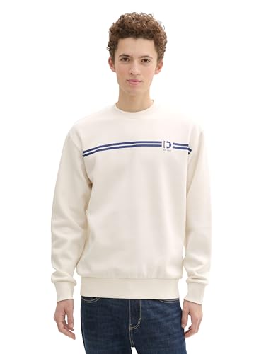 TOM TAILOR Denim Herren 1043299 Basic Crew-Neck Sweater Pullover mit Print, 10348-Gardenia White, XXL von TOM TAILOR Denim