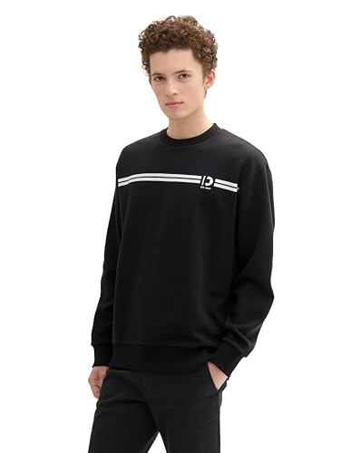 TOM TAILOR Denim Herren 1043299 Basic Crew-Neck Sweater Pullover mit Print, 29999-Black, M von TOM TAILOR Denim