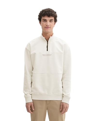 TOM TAILOR Denim Herren 1043307 Basic Troyer Sweater Pullover mit Print, 10348-Gardenia White, L von TOM TAILOR Denim