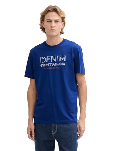 TOM TAILOR Denim Herren 1043480 Basic Fit T-Shirt mit Logo, 35788-Space Cadet Blue, S von TOM TAILOR Denim