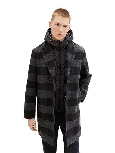 TOM TAILOR Denim Herren 2-in-1 Wollmantel mit abnehmbarer Innenjacke, black grey buffalo check, XXL von TOM TAILOR Denim