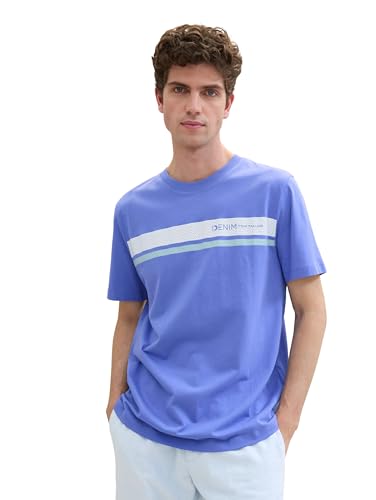TOM TAILOR Denim Herren Basic Crew-Neck T-Shirt mit Logo-Print, blueberry blue, L von TOM TAILOR Denim