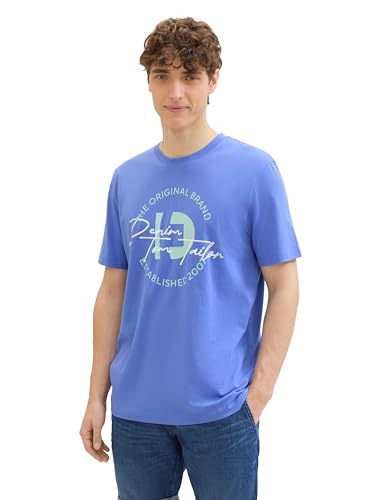 TOM TAILOR Denim Herren Basic Crew-Neck T-Shirt mit Logo-Print, blueberry blue, XL von TOM TAILOR Denim