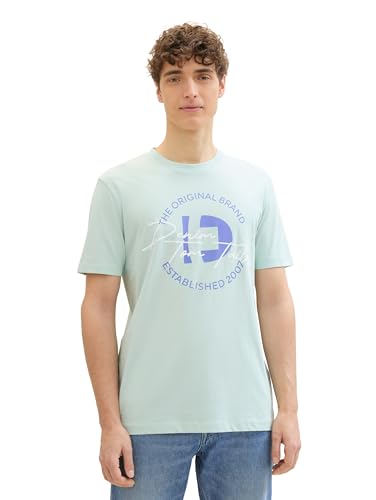 TOM TAILOR Denim Herren Basic Crew-Neck T-Shirt mit Logo-Print, sea foam, XL von TOM TAILOR Denim