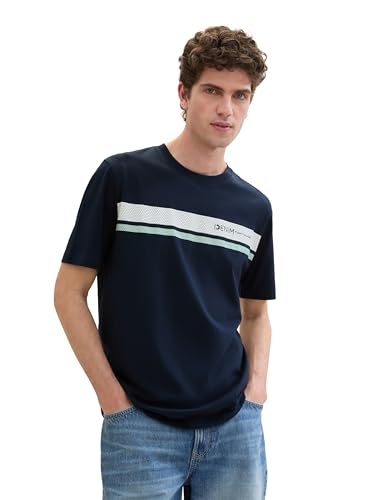 TOM TAILOR Denim Herren Basic Crew-Neck T-Shirt mit Logo-Print, sky captain blue, S von TOM TAILOR Denim