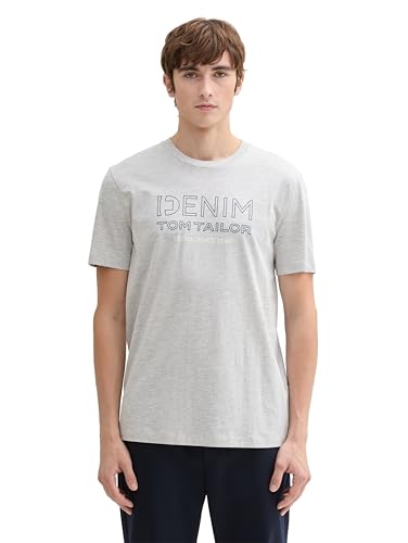 TOM TAILOR Denim Herren Basic Fit T-Shirt mit Logo,15398 - Light Stone Grey Melange, XL von TOM TAILOR Denim