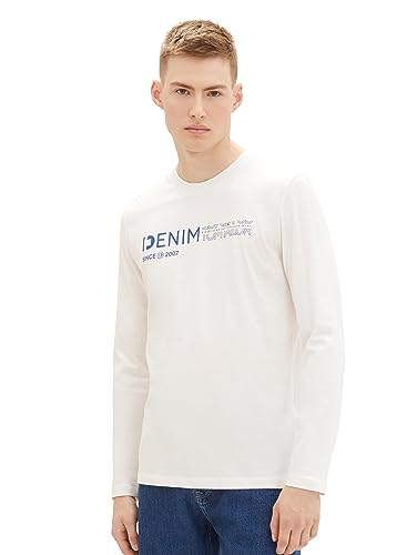 TOM TAILOR Denim Herren Basic Langarmshirt mit Logo-Print, Wool White, L von TOM TAILOR Denim