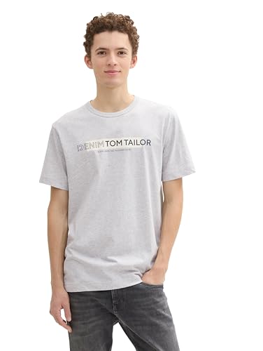 TOM TAILOR Denim Herren Basic T-Shirt mit Logo-Print,15398 - Light Stone Grey Melange, L von TOM TAILOR Denim