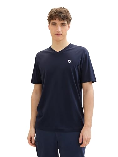 TOM TAILOR Denim Herren Basic T-Shirt mit V-Ausschnitt aus Baumwolle, Dark Blue, L von TOM TAILOR Denim