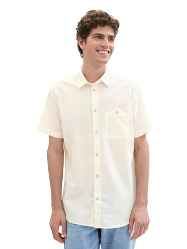 TOM TAILOR Denim Herren Chambray Kurzarm-Hemd mit Brusttasche, Soft Light Beige, L von TOM TAILOR Denim
