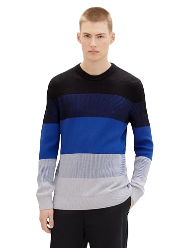 TOM TAILOR Denim Herren Colorblock Strickpullover aus Baumwolle, black blue grey colorblock, S von TOM TAILOR Denim