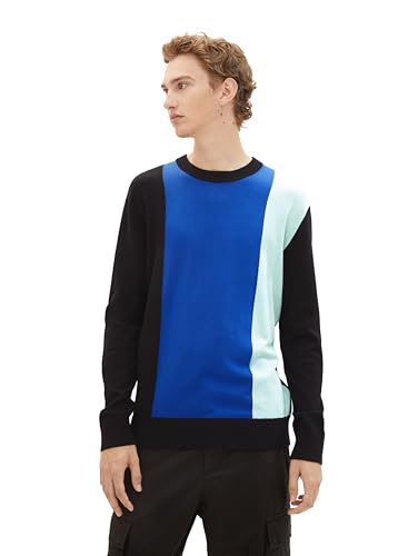 TOM TAILOR Denim Herren Colorblock Strickpullover aus Baumwolle, black blue vertical block, XL von TOM TAILOR Denim