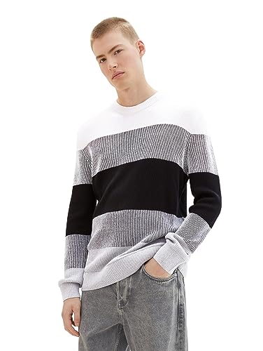 TOM TAILOR Denim Herren Colorblock Strickpullover aus Baumwolle, white black grey colorblock, S von TOM TAILOR Denim