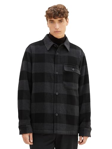 TOM TAILOR Denim Herren Cosy Karo-Overshirt mit Brusttasche, black grey buffalo check, S von TOM TAILOR Denim