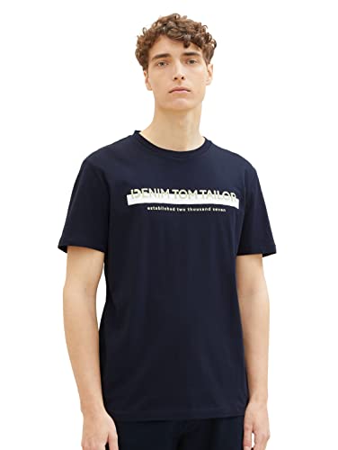 TOM TAILOR Denim Herren Slim Fit T-Shirt mit Logo-Print aus Baumwolle, sky captain blue, L von TOM TAILOR Denim
