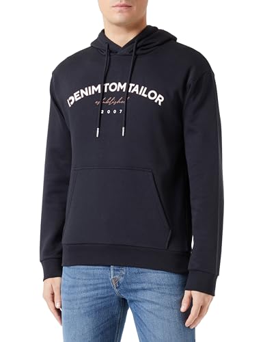 TOM TAILOR Denim Herren Hoodie Sweatshirt mit Logo-Print, Black, XS von TOM TAILOR Denim