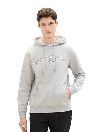 TOM TAILOR Denim Herren Hoodie Sweatshirt mit Logo-Print, Light Stone Grey Melange, L von TOM TAILOR Denim