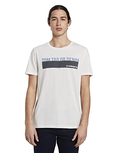 TOM TAILOR Denim Herren T-Shirt mit Print 1016303, 11186 - Blanc De Blanc White, L von TOM TAILOR Denim
