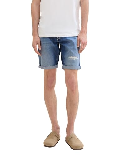 TOM TAILOR Denim Herren Regular Fit Destroyed Jeans Bermuda Shorts, Destroyed Mid Stone Blue Denim, S von TOM TAILOR Denim