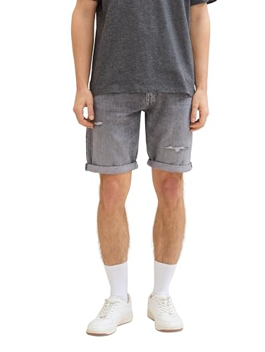 TOM TAILOR Denim Herren Regular Fit Destroyed Jeans Bermuda Shorts, destroyed light stone grey den, M von TOM TAILOR Denim