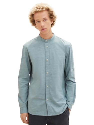 TOM TAILOR Denim Herren Regular Fit Hemd mit Stehkragen aus Baumwolle, dusty mint blue base structure, XS von TOM TAILOR Denim