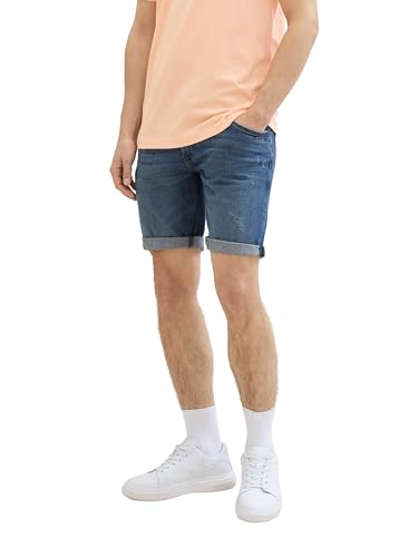 TOM TAILOR Denim Herren Regular Fit Jeans Bermuda Shorts mit Stretch, Used Mid Stone Blue Denim, S von TOM TAILOR Denim